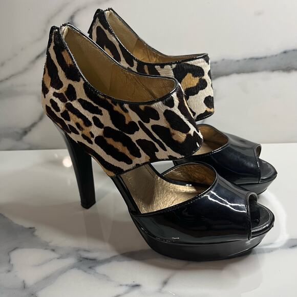 BCBGeneration | Women's Leopard Calf Hair Strappy Peep Toe Harmony Heels Sz 7.5 - Picture 5 of 9